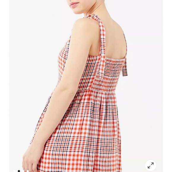 UO Positano Tie-Shoulder Midi Dress - Red Plaid Button Down Dress with Pockets - Picture 3 of 12